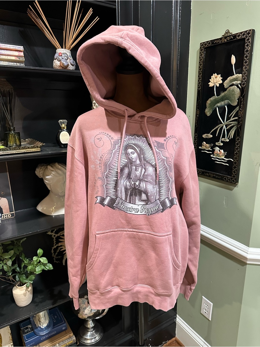 Virgen de Guadalupe Glitter‑Accent Hoodie – Size Medium